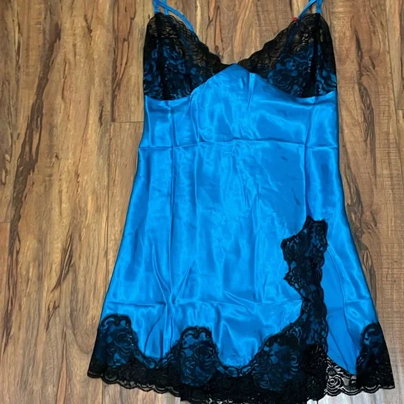 Frederick's of Hollywood Blue Satin Chemise with Black Lace Nightie - Picture 1 of 6